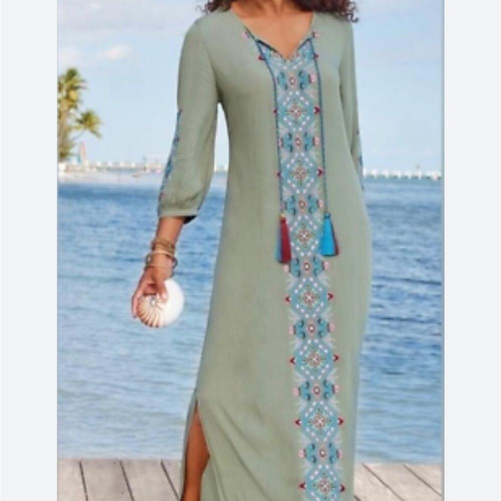 NWOT Soft Surroundings Sicily Gauze Dress Olive Green Size Medium - Picture 1 of 10